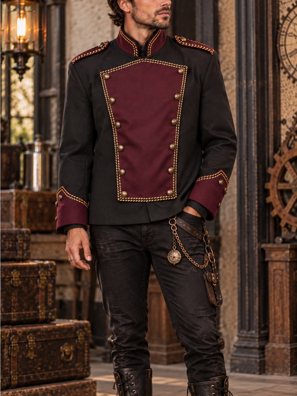 Vintage Theatrical Costume Jacket Maroon Black Military Marching Band Uniform
